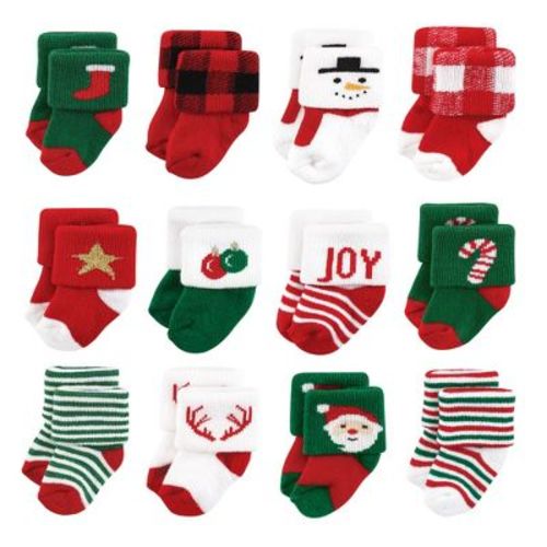Hudson Baby Basics Infant Baby Cozy Terry Baby Sock 12-Pack, Festive Santa, 12-24 Months