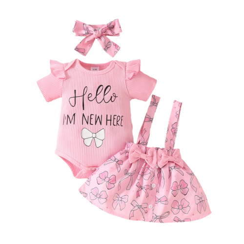 DGMIOCS Girl Outfit Set,Ribbed Bodysuit,Bow Print Suspender Dress,3-Piece Baby Set Red 0-3 Months