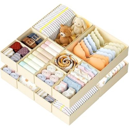 DIMJ Drawer Organizers Clothes Dresser Organizer - 12 Pack Fabric Multi-Scene Closet Dividers Storage Organization, Foldable Nursery Bedroom Bins for Clothing, Underwear, Socks, Bra, Ties (Beige)