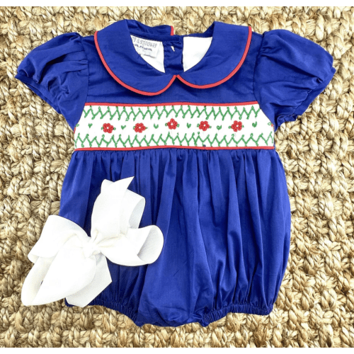 Navy Windsor Smocked Bubble Romper – Pleats and Stitches
