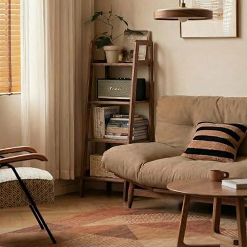 100% Solid Oak 4 Tier Ladder Shelf, Small Bookshelf, Ladder Bookshelf, Bookcase with Stable Frame, Small Table for Living Room Bedroom (Walnut,17.32" D x 16.53" W x 53.54" H)
