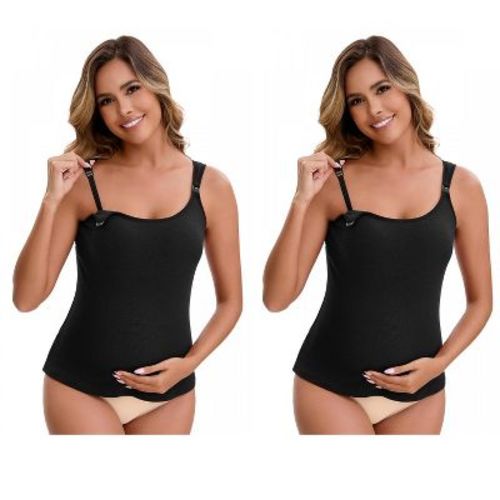 INSPIRE CHIC Women's Maternity Thermal Tank Tops with Built-In Bra Pregnancy Nursing Camisole with Adjustable Straps 2 Packs 2 Black Medium