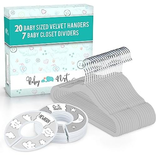 Baby Nest Designs 20x Baby Hangers for Closet with 7X Baby Closet Dividers for Nursery Velvet Baby Clothes Hangers Unisex Newborn Essentials Baby Size Organizer for Infant Clothing to 24 Months - Closet Organizer Set - Grey+clouds