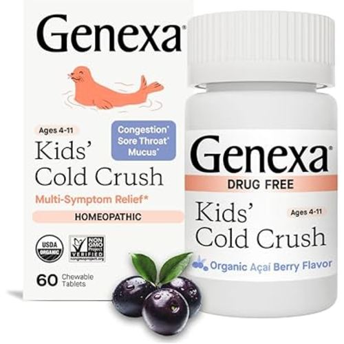 Genexa Kids Cold Crush | Multi-Symptom Cough & Cold, Sore Throat, Congestion Relief for Children | Acai Berry Flavor | Organic & Non-GMO | Homeopathic Remedy Made Clean | 60 Chewable Tablets Age 4-11​