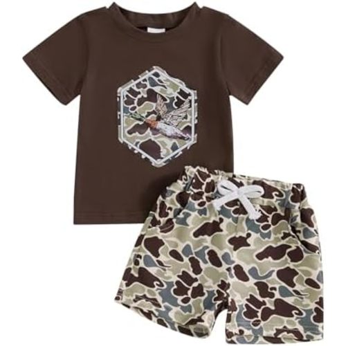 Toddler Boy Girl Hunting Clothes Infant Baby Camo Outfit Duck Embroidery Short Sleeve Tops Pockets Summer Shorts Set
