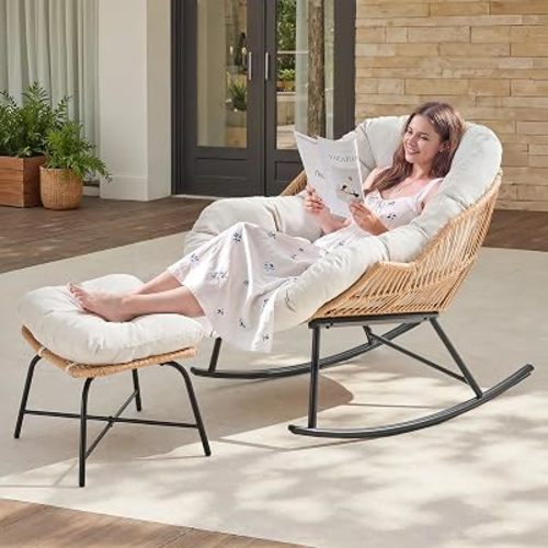 Papasan Rocking Chair with Ottoman, Oversized Papasan Chair, Cream White