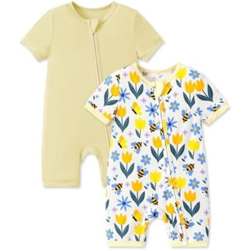PATPAT Baby Romper 2-Pack with Bamboo Viscose, Infant Snug fit Pajama Jumpsuits with 2-Way Zipper for Newborn Boy Girl