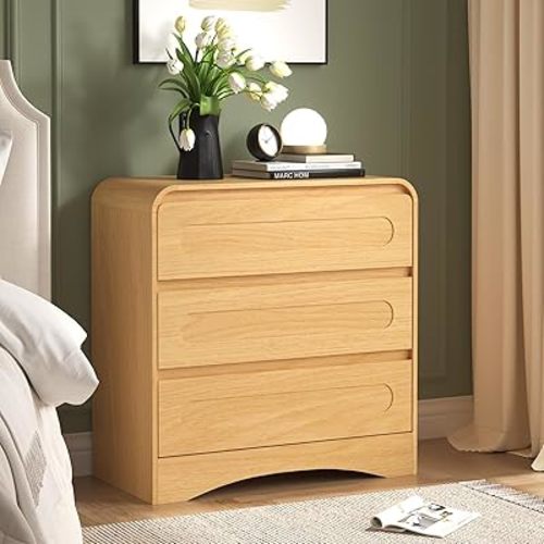3 Drawer Dresser with Pre-Installed Slides, 32" Wide Modern Wood Chest of Drawers, Compact Storage Dresser for Bedroom Hallway Closet, Natural Oak
