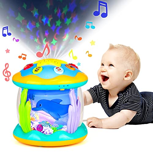 Koyiwa Baby Toys Musical Light Up Tummy Time Infant Toys Ocean Rotating Projector Baby Gifts for Boy Girl Crawling Birthday