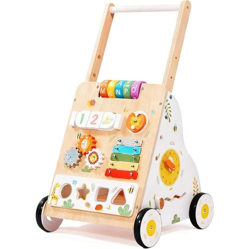Wooden Baby Walker Push Toy for Infants 1-3 Years Learning to Walk, Adjustable Speed Activity Walker with Montessori Toys, First Birthday Gift for Boys & Girls