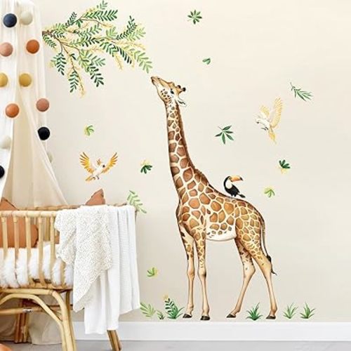 Tanlaby Large Giraffe Wall Decals Jungle Animal Wall Stickers Leopard Deer Safari Peel and Stick Art Decor for Baby Nursery Kids Bedroom Playroom Daycare Kindergarten