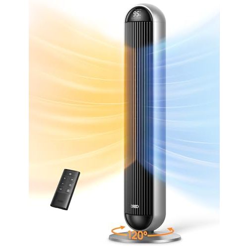 DREO Tower Fan and Heater Combo, 29.2ft/s Standing Fans for Bedroom, 17 Levels, 6 Modes, 120° Oscillation, 42 Inch, 12H Timer, 25dB Quiet, with Remote, for Office, Large Room, Silver