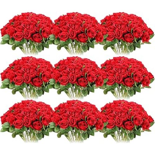 Jexine 100 Pieces Artificial Roses Flowers Bulk, Long Stem Realistic Fake Silk Roses Bouquet for Table Centerpiece Vases Wedding Party Kitchen Decor(Red)