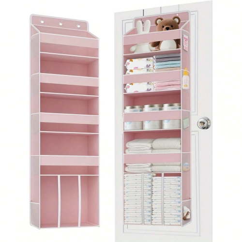 EASHZMFYTBF Over The Door Organizer Hanging - 5 Shelf Over Door Organizers with 6 Clear Front &12 Side Pockets - Swing-Proof 50LB Load Behind Door Storage,1pcs,Pink