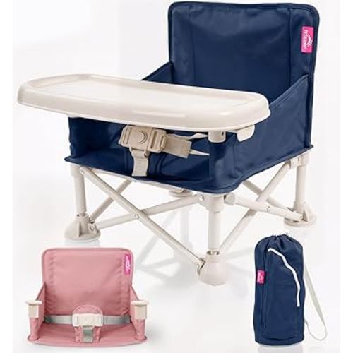 Portable Baby Chair, Baby Booster Seat with Tray, 2 Pack Seat Covers, Two Color Options & Travel Bag for Camping & Baby Beach Chair Use | Toddler Folding Chair with Secure Fit on Adult Chairs