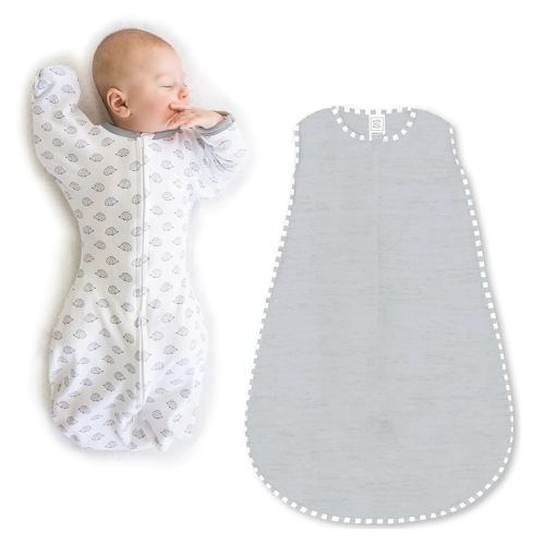 SwaddleDesigns Baby Sleep Sack Set, Tiny Hedgehogs and Gray, 0-3 Mo Transitional Swaddle Sack with Arms Up Half-Length Sleeves & Mitten Cuffs and 0-6 Mo Soft Cotton Knit Sleep Sack with 2-Way Zipper