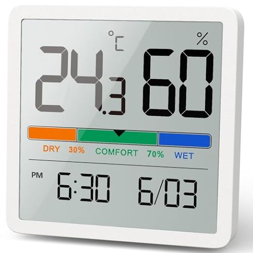 NOKLEAD Hygrometer Indoor Thermometer, Desktop Digital Thermometer with Temperature and Humidity Monitor, Accurate Humidity Gauge Room Thermometer with Clock for Home Garage Greenhouse Wine Cellar (WHITE)