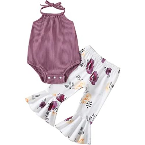 ADXSUN Newborn Baby Girl Summer Clothes Ribbed Romper+Striped/Floral/Cow Flared Pants Infant Outifts 0-18 Months