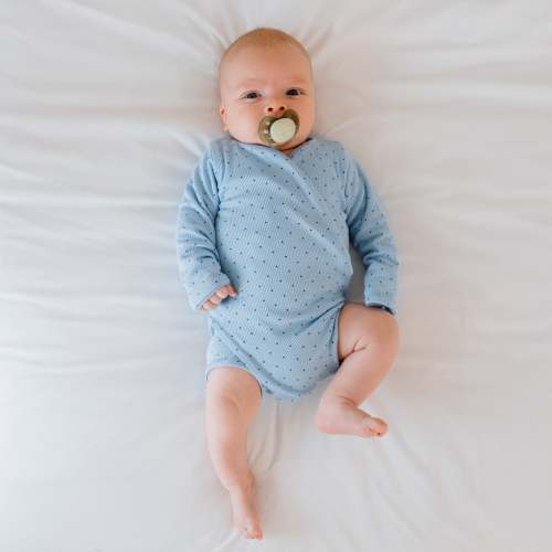 Mama Coco Long Sleeve Winged Body Suit, Fabric: Silky Modal, Color: Blue Dot, Size: 0-3M (9-13lbs)