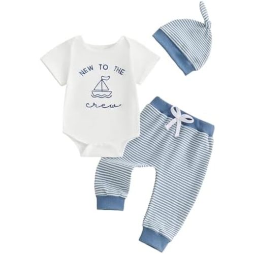 Bagilaanoe Summer Baby Boy Clothes New To The Crew Sailboat Short Sleeve Romper+ Pants+ Hat Sailing Outfits Set