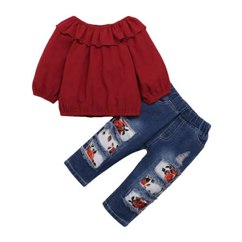 Infant Baby Girl Clothes Baby Girl 2PCS Outfits Long Sleeve Ruffle Collar Top Jeans Pants Set Wine Red 6-9 Months