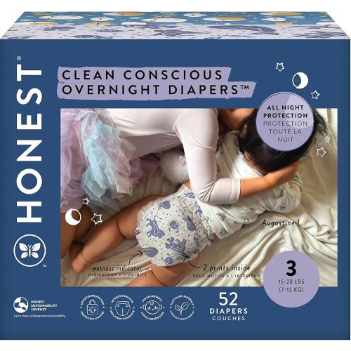 The Honest Company Comfort Dry Disposable Overnight Diapers for Sensitive Skin, Hypoallergenic, Baby Cozy Cloud and Star Signs Design Club Box Size 3 (16–28 lbs) 52 Count