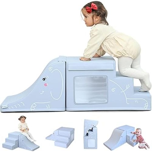 LORAIA® Non-Toxic Foam Climbing Blocks for Toddlers -Large Vegan Leather Baby Climbing Blocks - High-end Soft Play Set w/TOP Fasteners & Baby Slide - Climbing Toys for Toddlers 1-3 Inside (Blue)