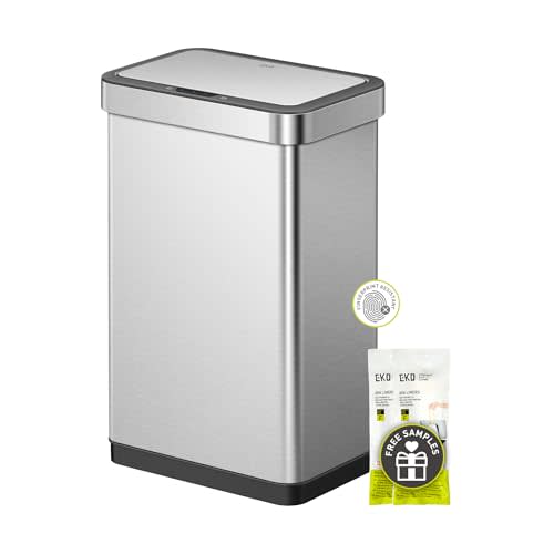 EKO EcoNova 13.2 Gallon/ 50L Automatic Sensor Kitchen Trash Can, Stainless Steel Touchless Garbage Bin with Soft-Close &Stay-Open Lid, Fingerprint-Resistant