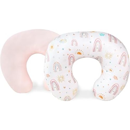 2 Pack Nursing Pillow Covers, Stretchy Removable Breastfeeding Pillow Covers for Baby Girl Newborn, Super Soft Fabric, Only Covers (Pink & Rainbow)