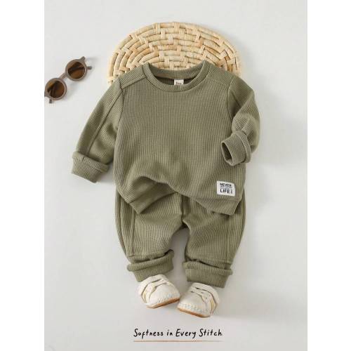 Cozy Pixies 2pcs/Set Baby Boy/Girl Soft Knit Crew Neck Long Sleeve Sweatshirt And Elastic Waist Jogger Pants Set, Comfortable Versatile Casual Everyday Outfit, Suitable For Indoor, Outdoor, Daily Wear, Sports, Play, Party, Festival, Halloween, Christmas, 