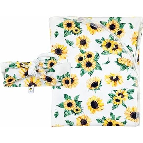 Sunflower Swaddle and Headband Set, Handmade Stretchy Soft Cotton (0-6 m Headband, Sunflower)