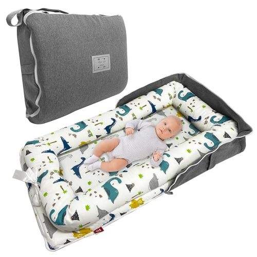 Baby Lounger, Foldable Portable Infant Lounger, Baby Nest Cover, Suitable for 0-24 Months Newborn Baby Lounger,Home Travel Dual-Purpose Baby Nest（Blue Dinosaur）