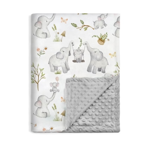 BOPRIO Baby Blankets for Unisex Boys Girls, Super Soft Nursery Minky Blankets with Baby Elephant Design and Dotted Fleece Backing, Printed Bed Throws Newborn