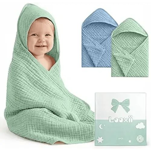 Looxii Baby Bath Towels 2 Pack Muslin Hooded Baby Towels for Newborn and Infants, 100% Cotton, Large 32x32Inch, Soft and Absorbent Blue+Green