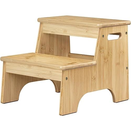 Forbena Wooden Bathroom Step Stool for Toddlers, Heavy Duty Kids 2 Step Stool for Bathroom Sink Kitchen Counter, Bamboo Wood Non-Slip Baby Children Potty Stepping Stool Seat with Handles for Toilet