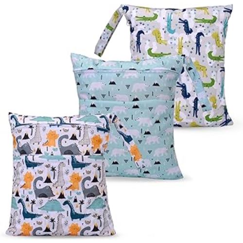 eaxin 3pcs Cloth Diaper Wet Dry Bags Waterproof Reusable with Two Zippered Pockets Travel Beach Pool Daycare Soiled Baby Items Yoga Gym Bag for Swimsuits or Wet Clothes (Dinosaur,Polar bear)
