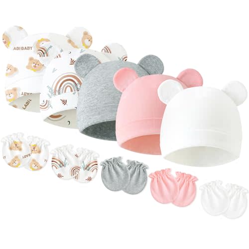 Newborn Baby Hats and Mittens Set, Cotton Infant Baby Boy Girl Bear Ears Caps and Mittens for 0-3 Months
