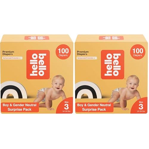 Hello Bello Premium Diapers, Size 3 (14-24 lbs) Surprise Pack for Boys - 100 Count (Pack of 2), Hypoallergenic with Soft, Cloth-Like Feel - Assorted Boy & Gender Neutral Patterns