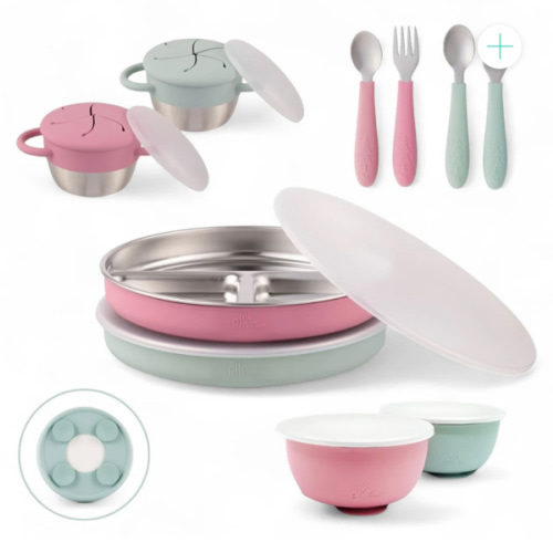 Stainless Steel Mealtime Bundle | Plates, Bowls, Snack Cups + Toddler Utensils | Suction Sleeves | Blush/Sage