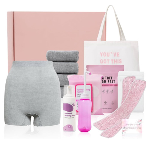 Postpartum Essentials Kit - Peri Bottle,Perineal Ice Packs,Perineal Healing Foam,Disposable Underwears,Cooling Pad Liners,Bath Salts,Canvas Bag,Card,Postpartum Gifts for Mom