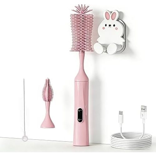 Rechargeable Electric Bottle Brush with 2 Speeds Powerful Automatic Bottle Cleaner,BPA-Free Silicone Spinning Design, Wall Mount & Straw Cleaner,Suitable for Baby Bottles & Kitchen (Pink+Pink)