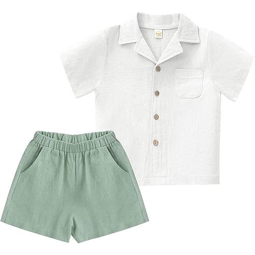 XMWEALTHY Toddler Baby Boy Summer Clothes Color Block Short Sleeve Button-Down Shirt Tops + Cotton Pants Outfit Set