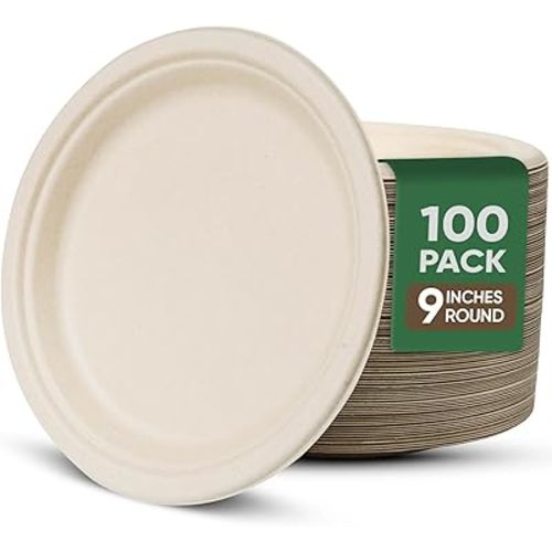 9 Inch Compostable Paper Plates (100 Pack) - Eco-Friendly Disposable Dinnerware for Parties, Microwavable & Water/Oil Resistant - 100% Biodegradable Heavy Duty Brown Plates for Events, Picnics