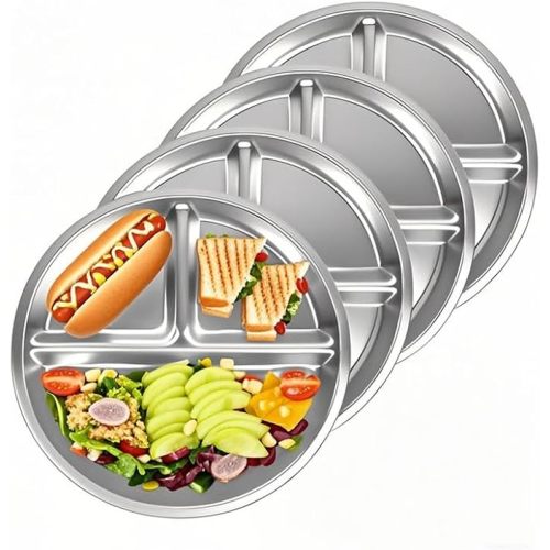 304 stainless steel dinner plates 4 pack, 9.05’’round Control Plate Divided Plates, Ideal for children,adults, lunch tray,camping food tray dishwasher-safe (4, 9.05'' Round)