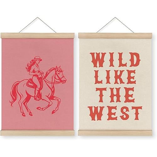 MAQIKA Preppy Pink Western Girl Poster Framed with Wood Hanger, Cowgirl Wall Art, Pink Western Hanging Wall Decor, Girls Horse Canvas Wall Art Paints for Girly Teen Girls Room Dorm 12x16 Inch 2 Pcs