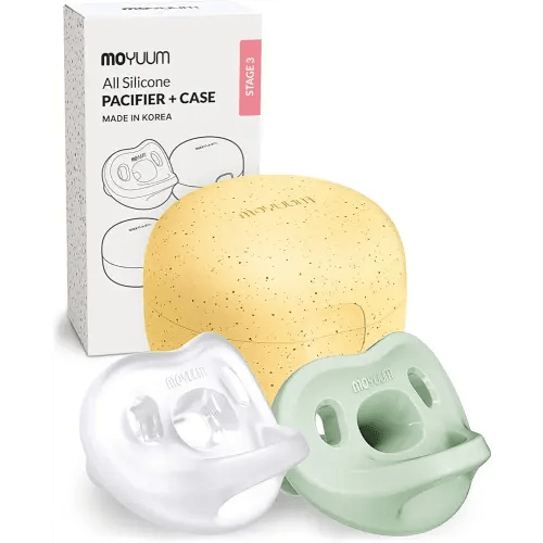 Moyuum Silicone Macaron Pacifier | Made in Korea, BPA Free One-Piece Design Baby Soother, Soft Orthodontic Shape with Air Holes, 2 Pack with Travel Case, Babies 6+ Months (Sage + Natural, Stage 3)