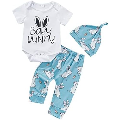 FIOMVA Newborn Baby Girl Boy Easter Outfits My First Easter Romper+Bunny Print Pants+Rabbit Ears Hat 3Pcs Clothes Set