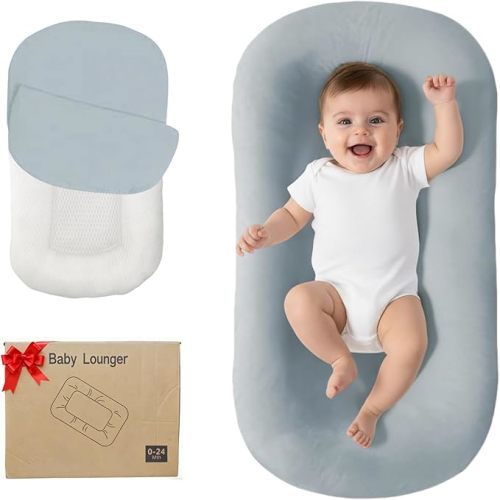 Lucakuins Baby Lounger, Bionic Design Baby Lounger for Newborn 0-24 Months, Soft Organic Cotton Breathable Lounger for Infants (Grayish Blue Baby Lounger)