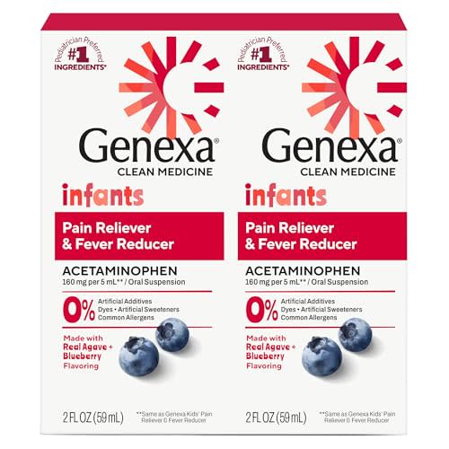 Genexa Infants' Clean Acetaminophen | Pediatrician Preferred Ingredients | Pain Reliever & Fever Reducer for Babies | Dye Free, 0% Artificial Additives | Organic Blueberry Flavor, 4 fl oz (2 Pack)