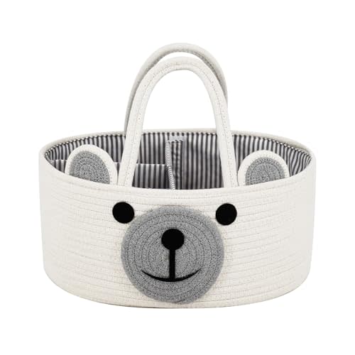 Home & Tots Baby Diaper Caddy Organizer, Cotton Rope Nursery Storage Basket for Diapers, Wipes & More, Gift for Baby Shower, Portable Organizer for Changing Table, Bear Design (Large Size - White)